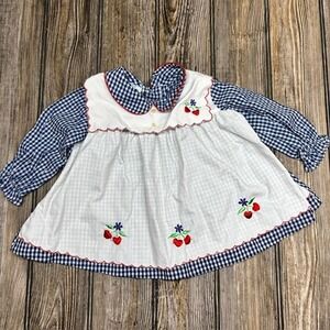 Vintage Tiny Tots Original Baby Girls Blue Gingham Cherry Pinafore Dress 12M
